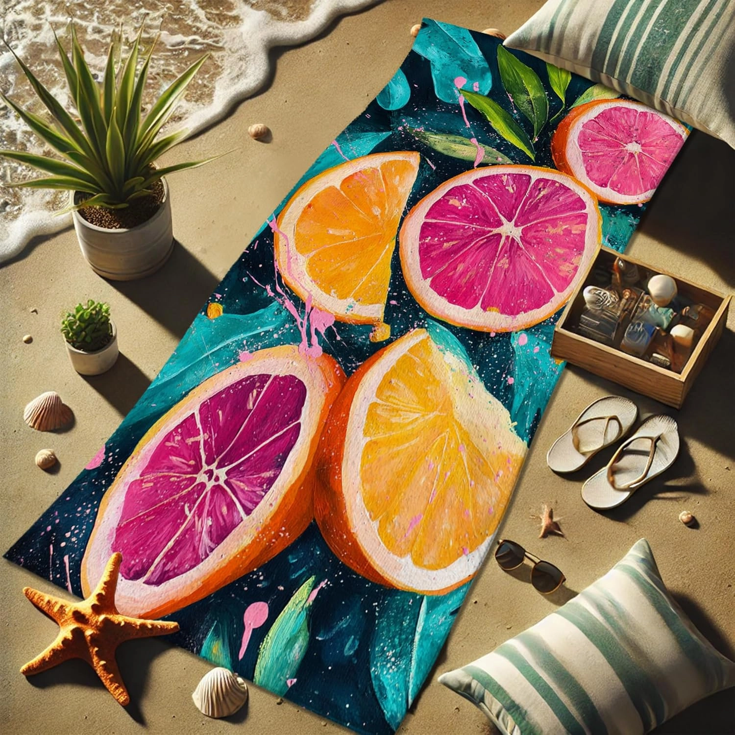 Vibrant Citrus Fruit Beach Towel Colorful Lemon and Peach Grapefruit Design Quick Dry Microfiber Sand Free Absorbent, Lightweight Soft Essentials for Picnic Travel Pool Gym Outdoor 62x31 Inch