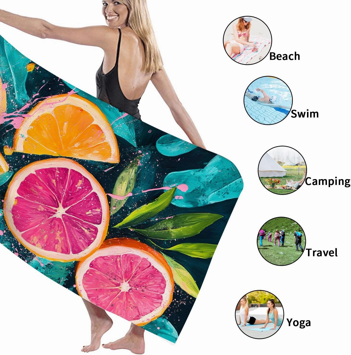 Vibrant Citrus Fruit Beach Towel Colorful Lemon and Peach Grapefruit Design Quick Dry Microfiber Sand Free Absorbent, Lightweight Soft Essentials for Picnic Travel Pool Gym Outdoor 62x31 Inch