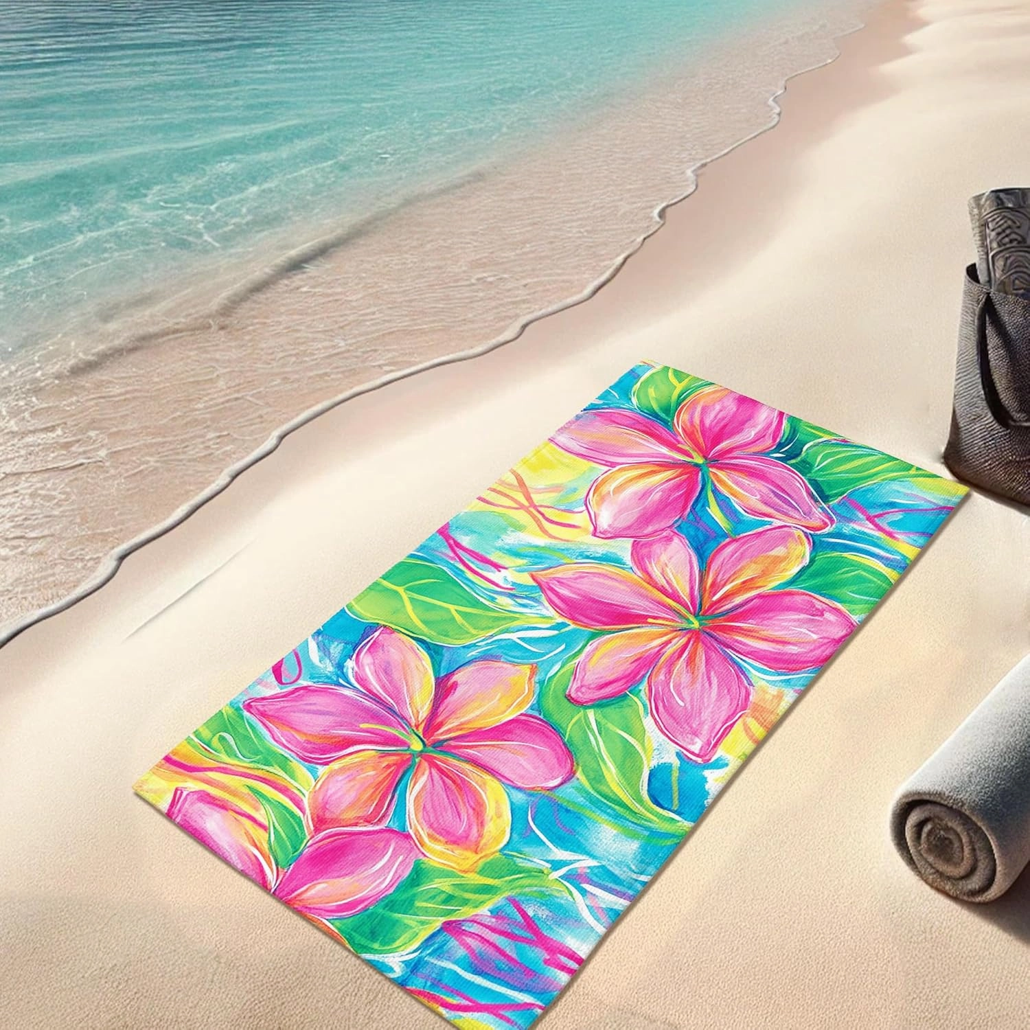 Vibrant Tropical Floral Beach Towel Microfiber Extra Large Bright Peach Hibiscus, Quick Dry Absorbent Soft Sand Free Lightweight, Pool Gym Picnic Essentials 62x31 Inch