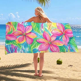 Vibrant Tropical Floral Beach Towel Microfiber Extra Large Bright Peach Hibiscus, Quick Dry Absorbent Soft Sand Free Lightweight, Pool Gym Picnic Essentials 62x31 Inch