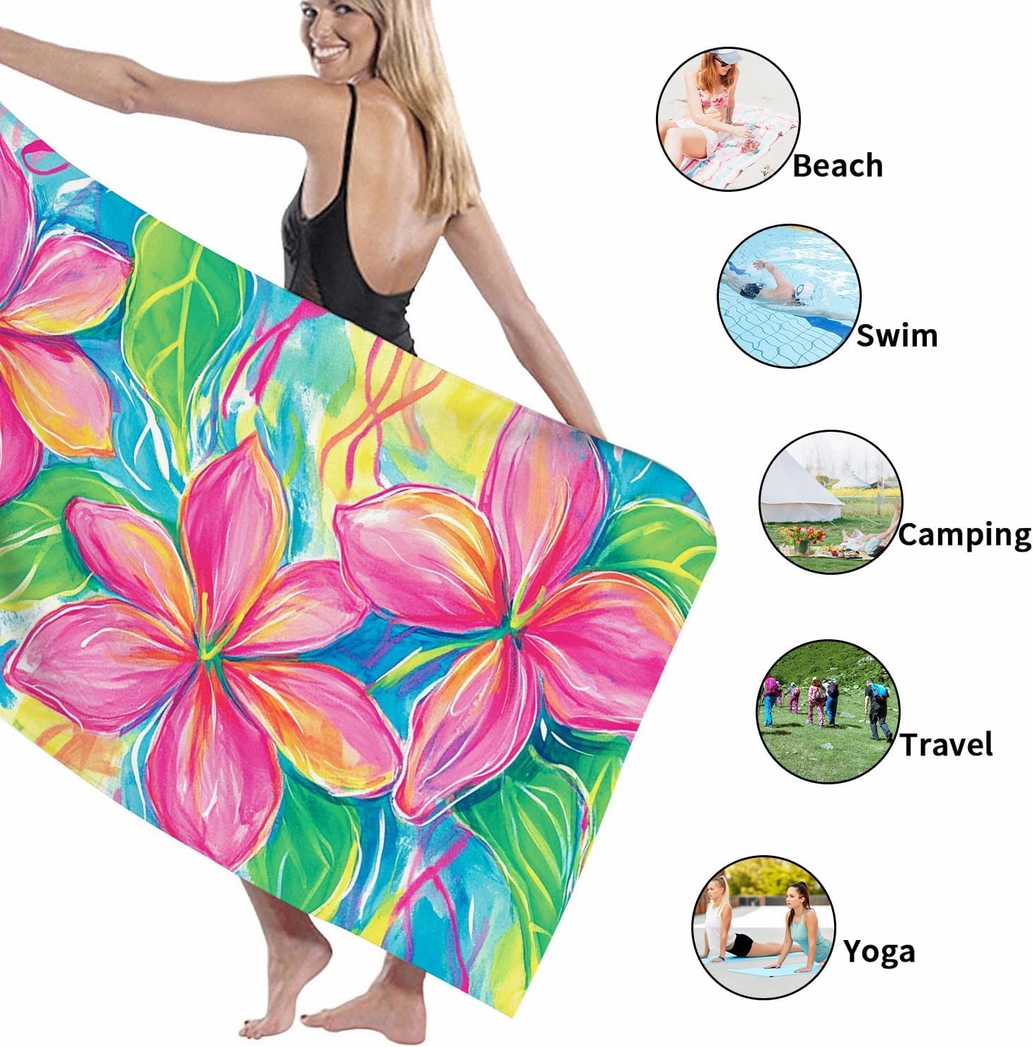 Vibrant Tropical Floral Beach Towel Microfiber Extra Large Bright Peach Hibiscus, Quick Dry Absorbent Soft Sand Free Lightweight, Pool Gym Picnic Essentials 62x31 Inch