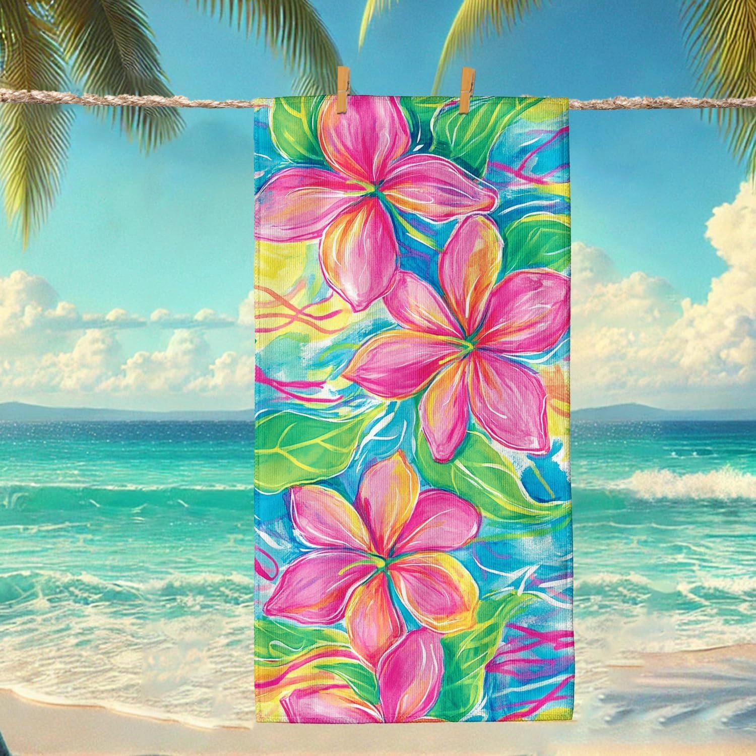 Vibrant Tropical Floral Beach Towel Microfiber Extra Large Bright Peach Hibiscus, Quick Dry Absorbent Soft Sand Free Lightweight, Pool Gym Picnic Essentials 62x31 Inch