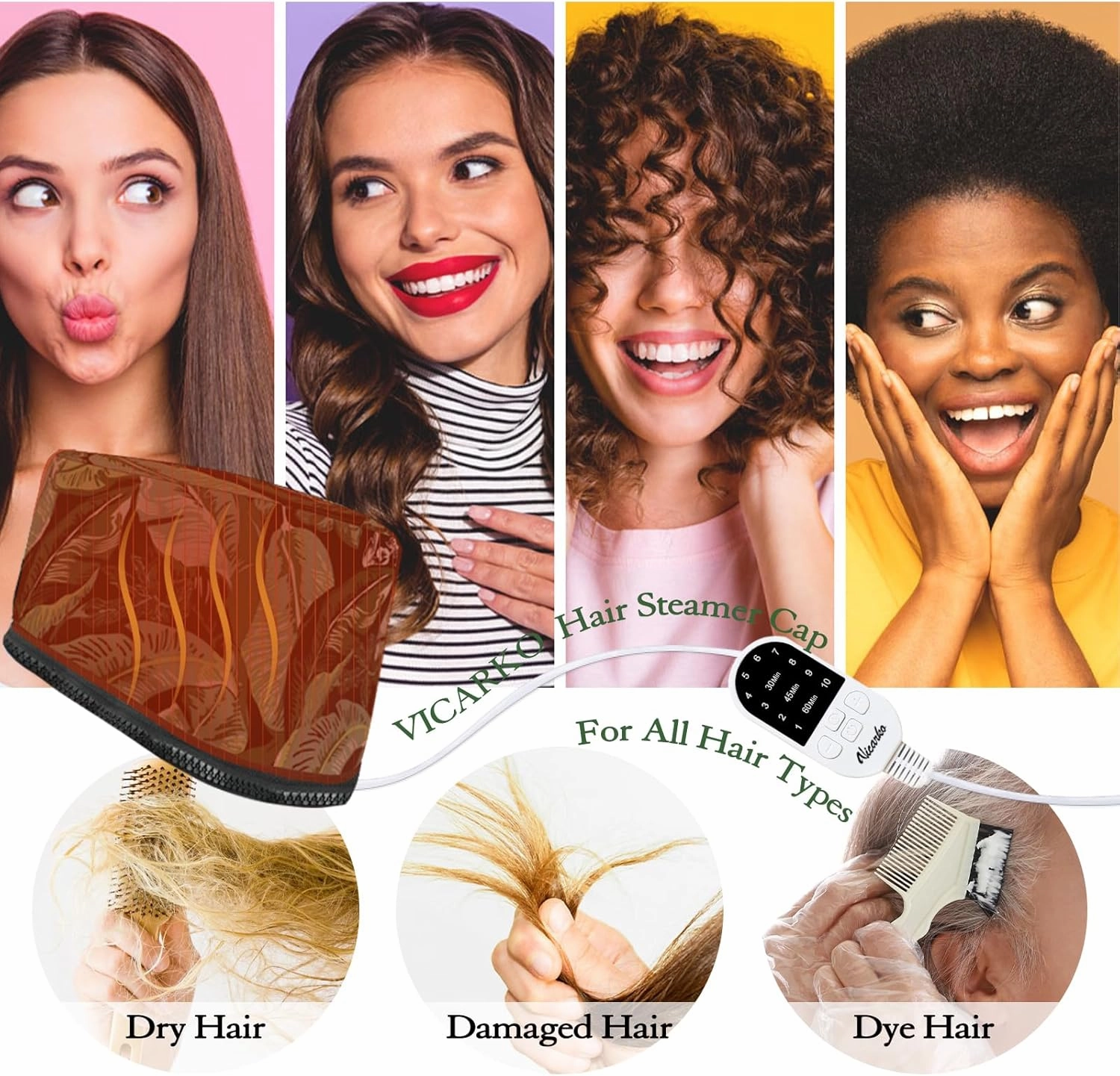 VICARKO Hair Steamer for Deep Conditioning, 10-Level Heats Up Quickly, 118” Power Cord, Heating Cap Hot Oil Treatment Heat, Electric Thermal Heated Steam for Natural Black Hair, Leaf Print