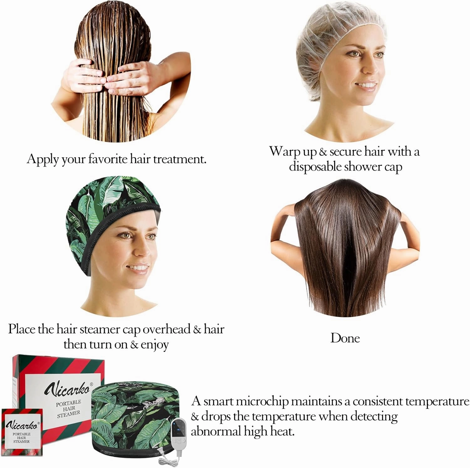 VICARKO Hair Steamer for Deep Conditioning, 10-Level Heats Up Quickly, 118” Power Cord, Heating Cap Hot Oil Treatment Heat, Electric Thermal Heated Steam for Natural Black Hair, Leaf Print