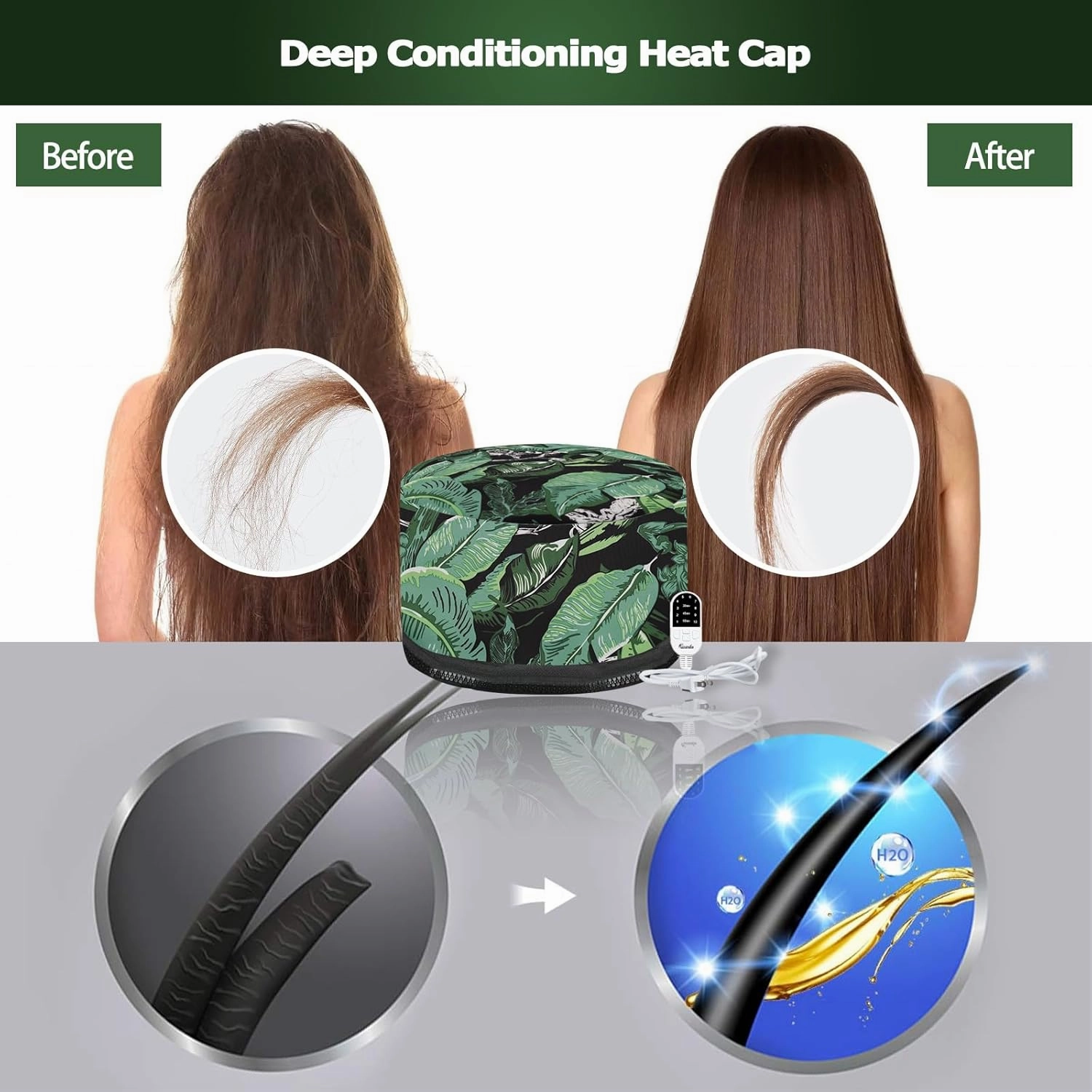 VICARKO Hair Steamer for Deep Conditioning, 10-Level Heats Up Quickly, 118” Power Cord, Heating Cap Hot Oil Treatment Heat, Electric Thermal Heated Steam for Natural Black Hair, Leaf Print