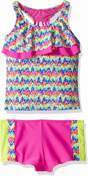 Vigoss Big Girls' Wild Thing Two Piece Double Flounce Tankini Swimsuit, Pink, 7/8