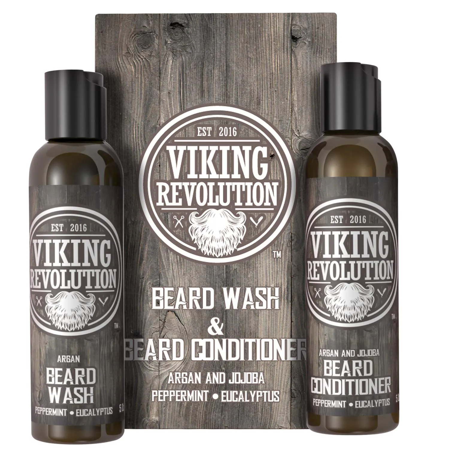 Viking Revolution Beard Care Set with Argan & Jojoba Oils - Softens, Smooths & Nourishes Facial Hair Growth - Peppermint and Eucalyptus Scented Wash & Conditioner (5 oz)