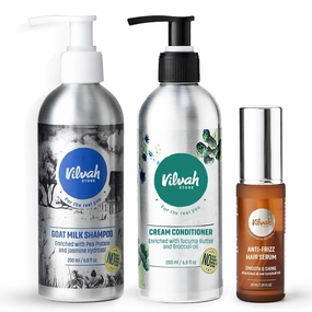 Vilvah Store Hair Care Set, Goat Milk Shampoo with Pea Protein 6.8 fl oz, Cream Conditioner with Tucuma Butter 6.8 fl oz, Anti-Frizz Hair Serum 1.01 fl oz