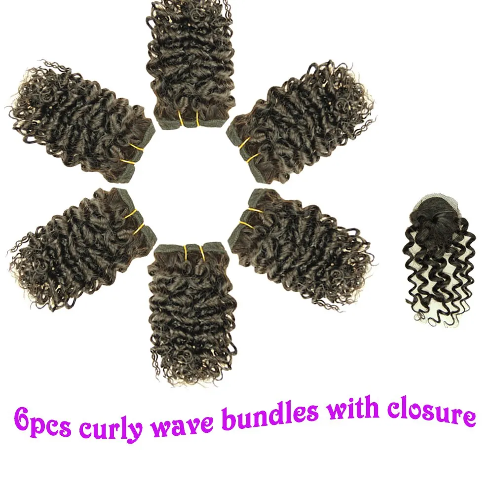 VIOLET Hair 8 Inch Brazilian Deep Curly Weave Hair Short Human Hair 6 Bundles With Closure 100% Unprocessed Human Hair Extensions Black Color Hair Bundles (curly 8 inch, 1B#)