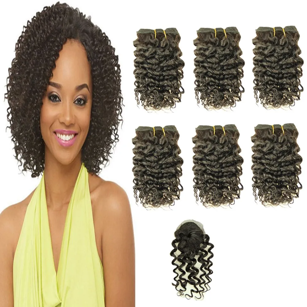 VIOLET Hair 8 Inch Brazilian Deep Curly Weave Hair Short Human Hair 6 Bundles With Closure 100% Unprocessed Human Hair Extensions Black Color Hair Bundles (curly 8 inch, 1B#)