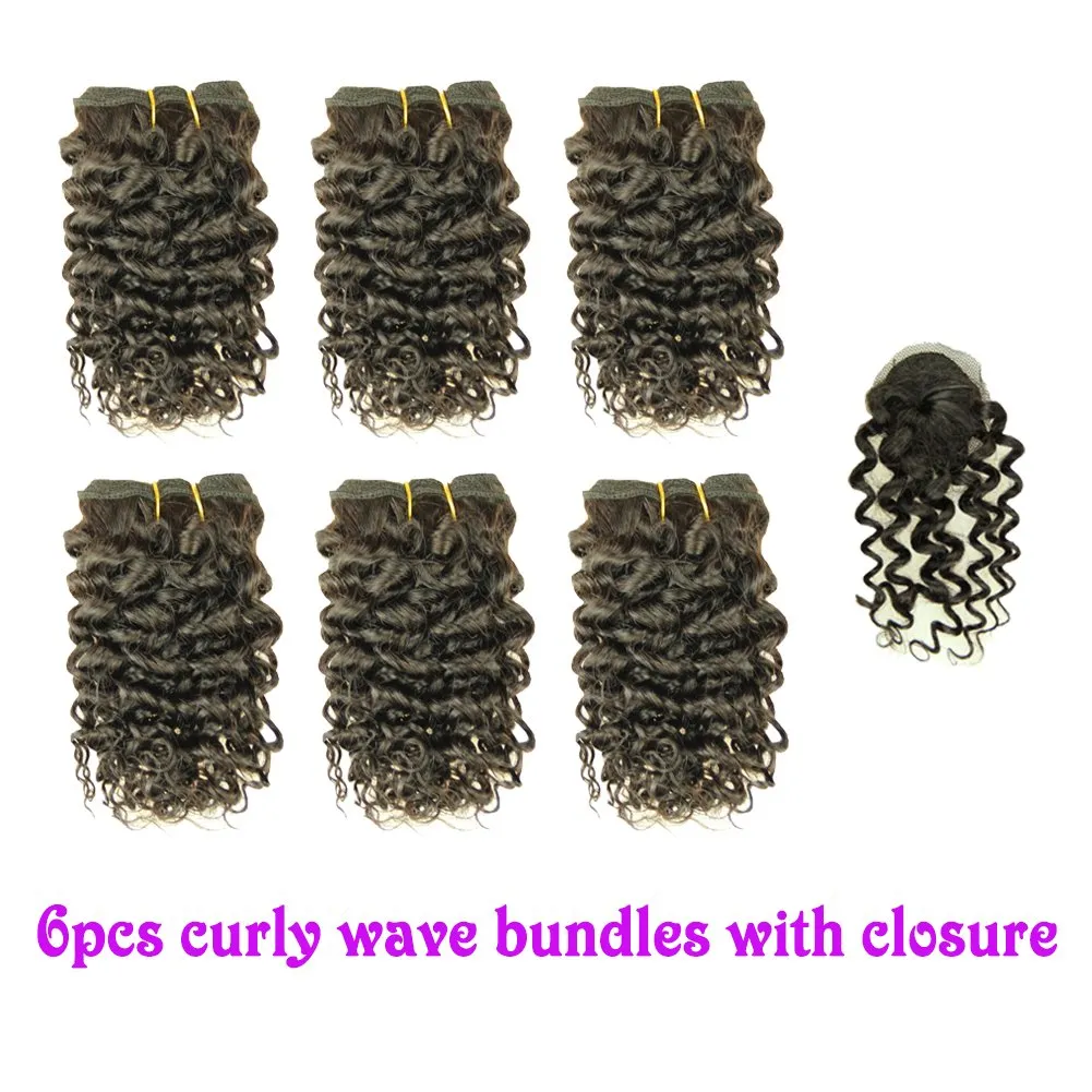 VIOLET Hair 8 Inch Brazilian Deep Curly Weave Hair Short Human Hair 6 Bundles With Closure 100% Unprocessed Human Hair Extensions Black Color Hair Bundles (curly 8 inch, 1B#)