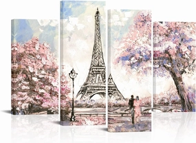 Visual Art Decor Pink Paris Pictures Wall Decor Eiffel Tower Pink Landscape Living Room Wall Decor Romantic Couple Bedroom Decor Framed 34inx48in