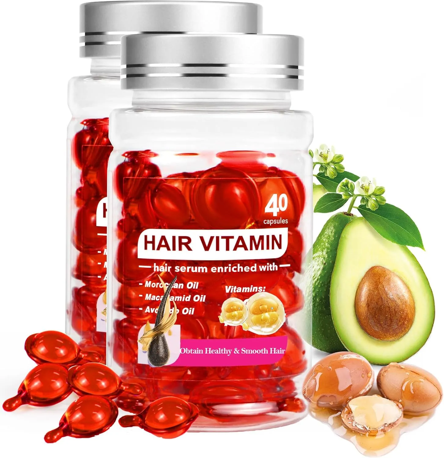 Vitamin E Oil, Hair Treatment Serum Capsules, Leave In with Vitamin E, A, B5, C, Pro, Argan Macadamia/Avocado/Moroccan Oil for Hair Growth/Damaga/Frizz/Dry Hair, Body Skin Hydrating(Large (80 count))