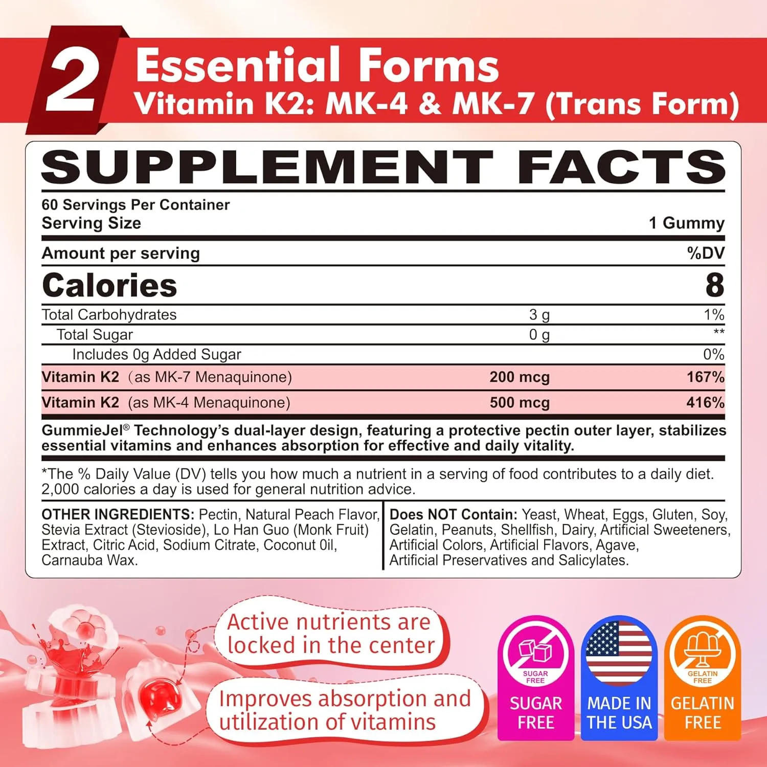 Vitamin K2 Gummies MK-7 200 mcg & MK-4 500 mcg for Women & Men Sugar Free, Perfect 2-IN-1 Full Spectrum Vitamin K2 Supplement for Bone, He❤rt, Promotes Calcium Absorption, Brain, Teeth, Immune,1Pack