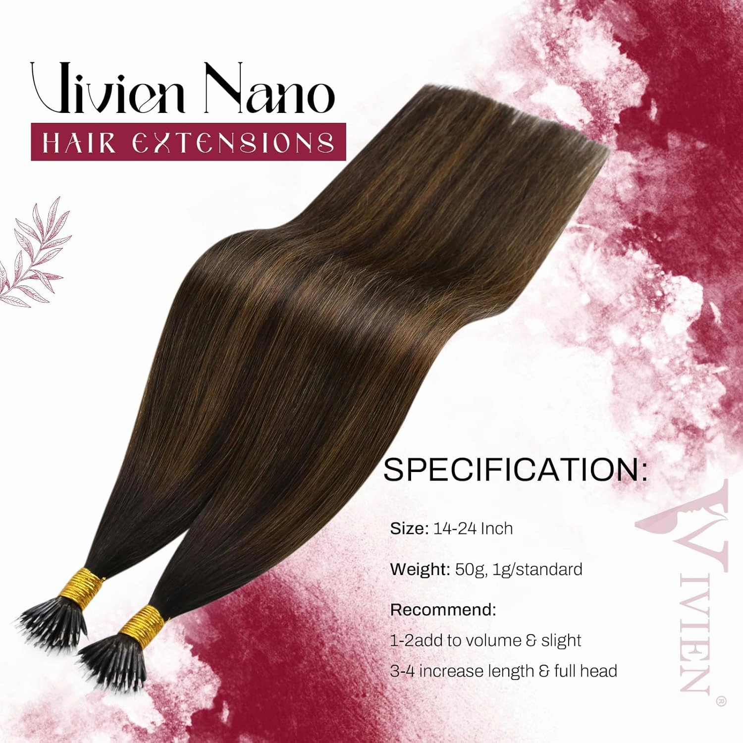 Vivien Nano Human Hair Extensions Balayage Brown Nano Bead Hair Extensions Human Hair 18 Inch Ombre Brown Mix Light Brown Invisible Silky #2/8/2 50G/50S
