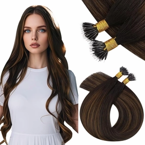 Vivien Nano Human Hair Extensions Balayage Brown Nano Bead Hair Extensions Human Hair 18 Inch Ombre Brown Mix Light Brown Invisible Silky #2/8/2 50G/50S
