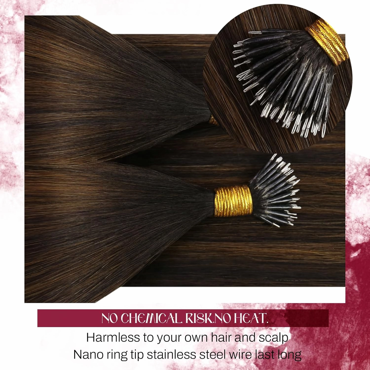 Vivien Nano Human Hair Extensions Balayage Brown Nano Bead Hair Extensions Human Hair 18 Inch Ombre Brown Mix Light Brown Invisible Silky #2/8/2 50G/50S