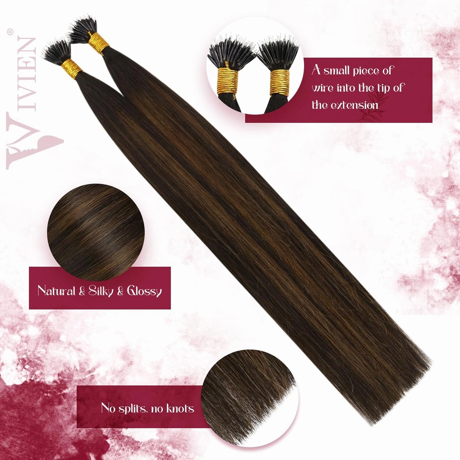 Vivien Nano Human Hair Extensions Balayage Brown Nano Bead Hair Extensions Human Hair 18 Inch Ombre Brown Mix Light Brown Invisible Silky #2/8/2 50G/50S