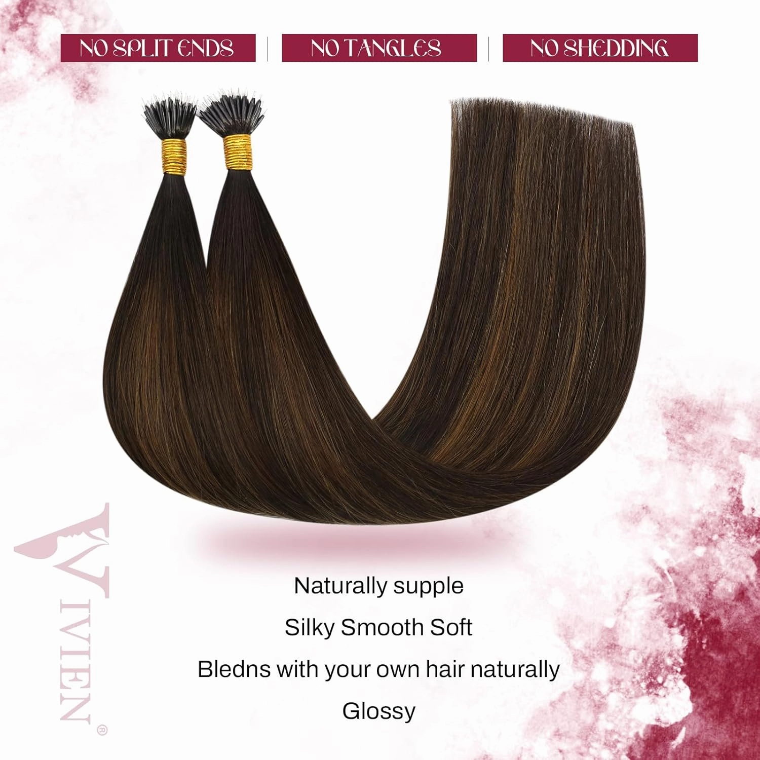 Vivien Nano Human Hair Extensions Balayage Brown Nano Bead Hair Extensions Human Hair 18 Inch Ombre Brown Mix Light Brown Invisible Silky #2/8/2 50G/50S