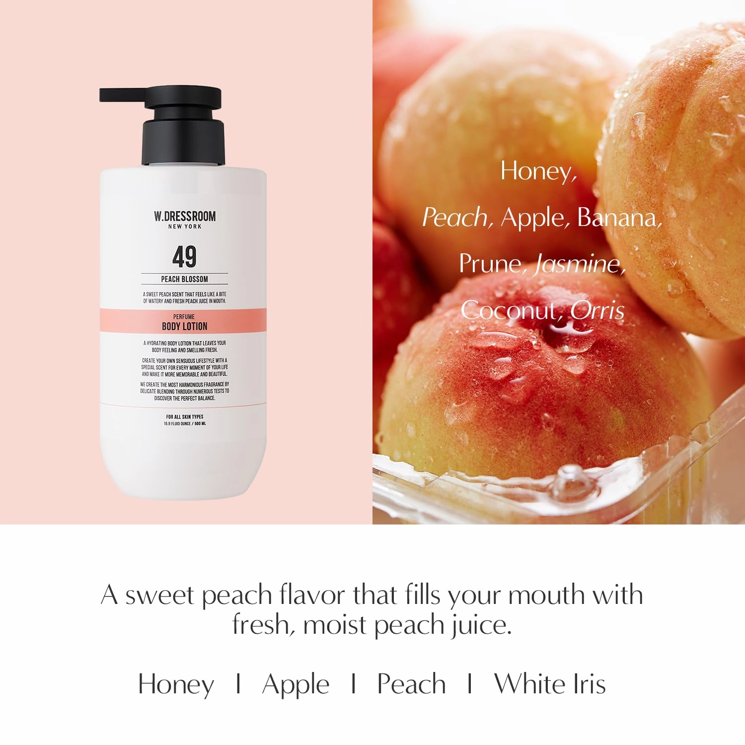 W.Dressroom Moisturizing Body Lotion No.49 Peach Blossom, Perfumed Body Lotion, Moisturizer for Sensitive Dry Skin, Korean Skin Care, Gentle, Soothing, Non-Greasy, and Scented Lotion for Women
