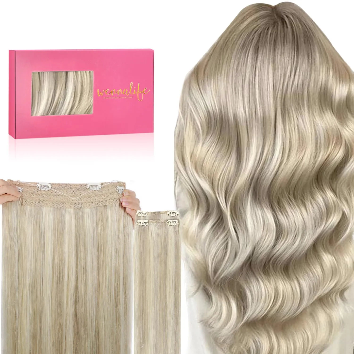 Wennalife Wire Hair Extensions (Increase 50% Lifespan) Real Human Hair 22 inch 150g Ash Blonde Highlighted Platinum Blonde Remy Real Hair Extensions Invisible Wire Hair Extensions Human Hair