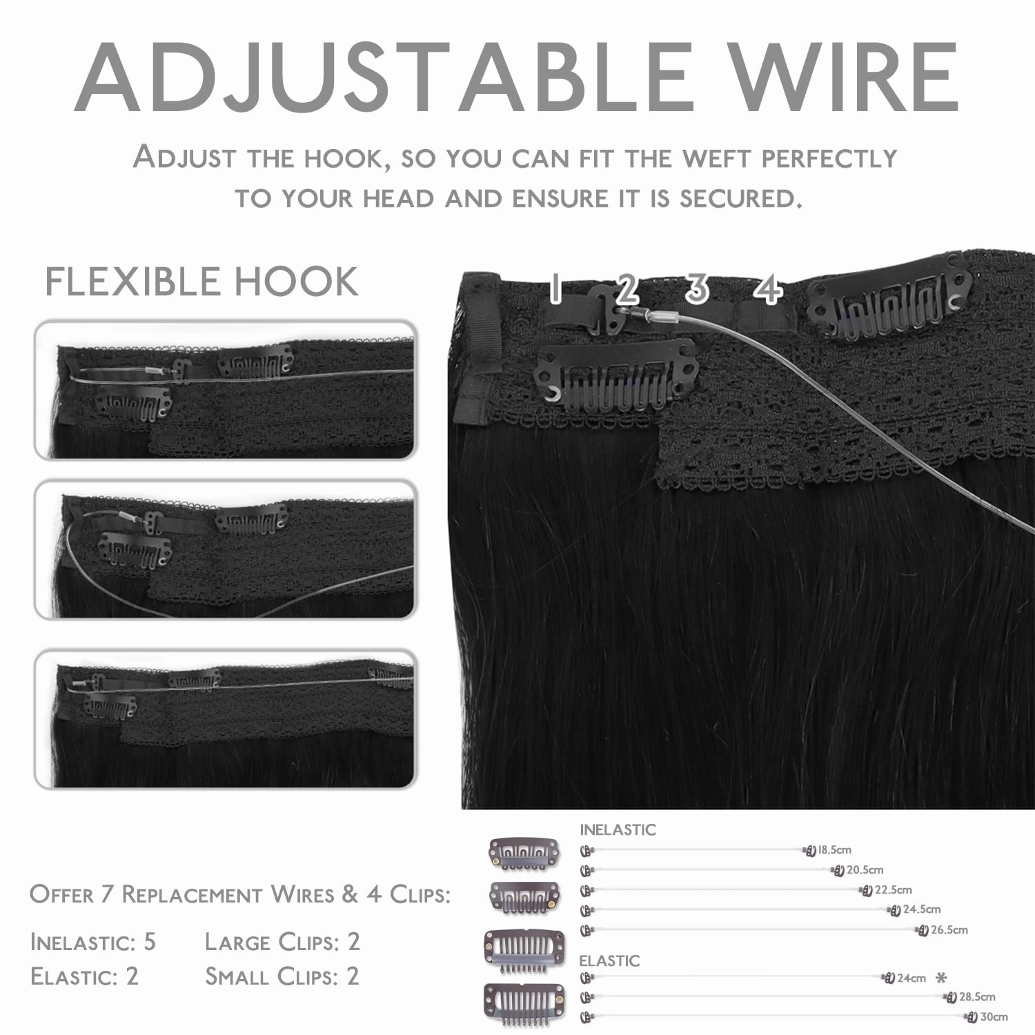 WENNALIFE Wire Hair Extensions (Increase 50% Lifespan) Real Human Hair 16 inch 95g Jet Black Remy Hair Extensions Invisible Transparent Wire Fish Line Straight Real