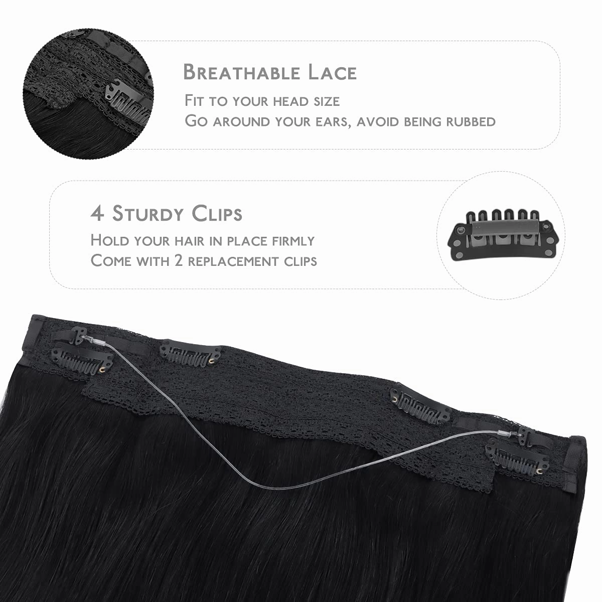 WENNALIFE Wire Hair Extensions (Increase 50% Lifespan) Real Human Hair 16 inch 95g Jet Black Remy Hair Extensions Invisible Transparent Wire Fish Line Straight Real