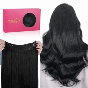 WENNALIFE Wire Hair Extensions (Increase 50% Lifespan) Real Human Hair 16 inch 95g Jet Black Remy Hair Extensions Invisible Transparent Wire Fish Line Straight Real