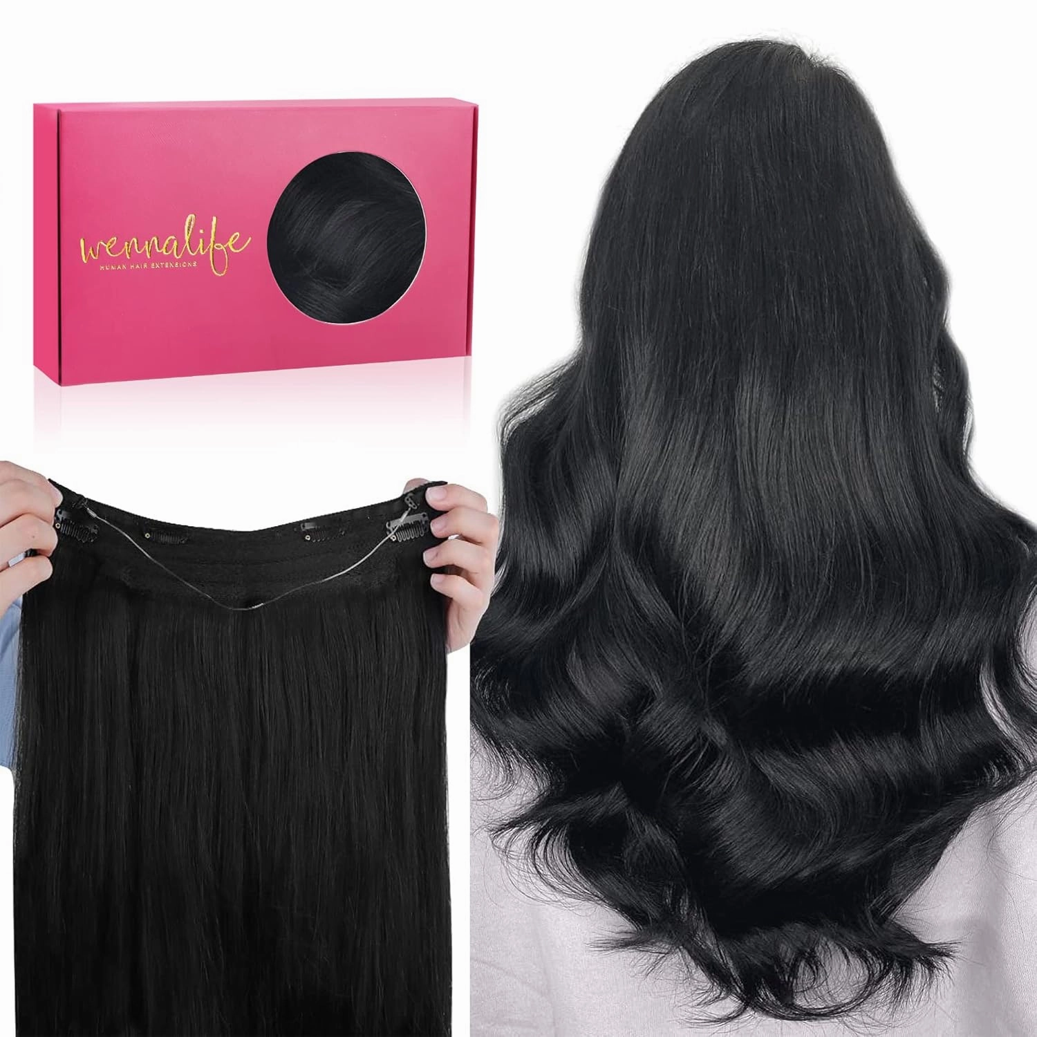 WENNALIFE Wire Hair Extensions (Increase 50% Lifespan) Real Human Hair 16 inch 95g Jet Black Remy Hair Extensions Invisible Transparent Wire Fish Line Straight Real