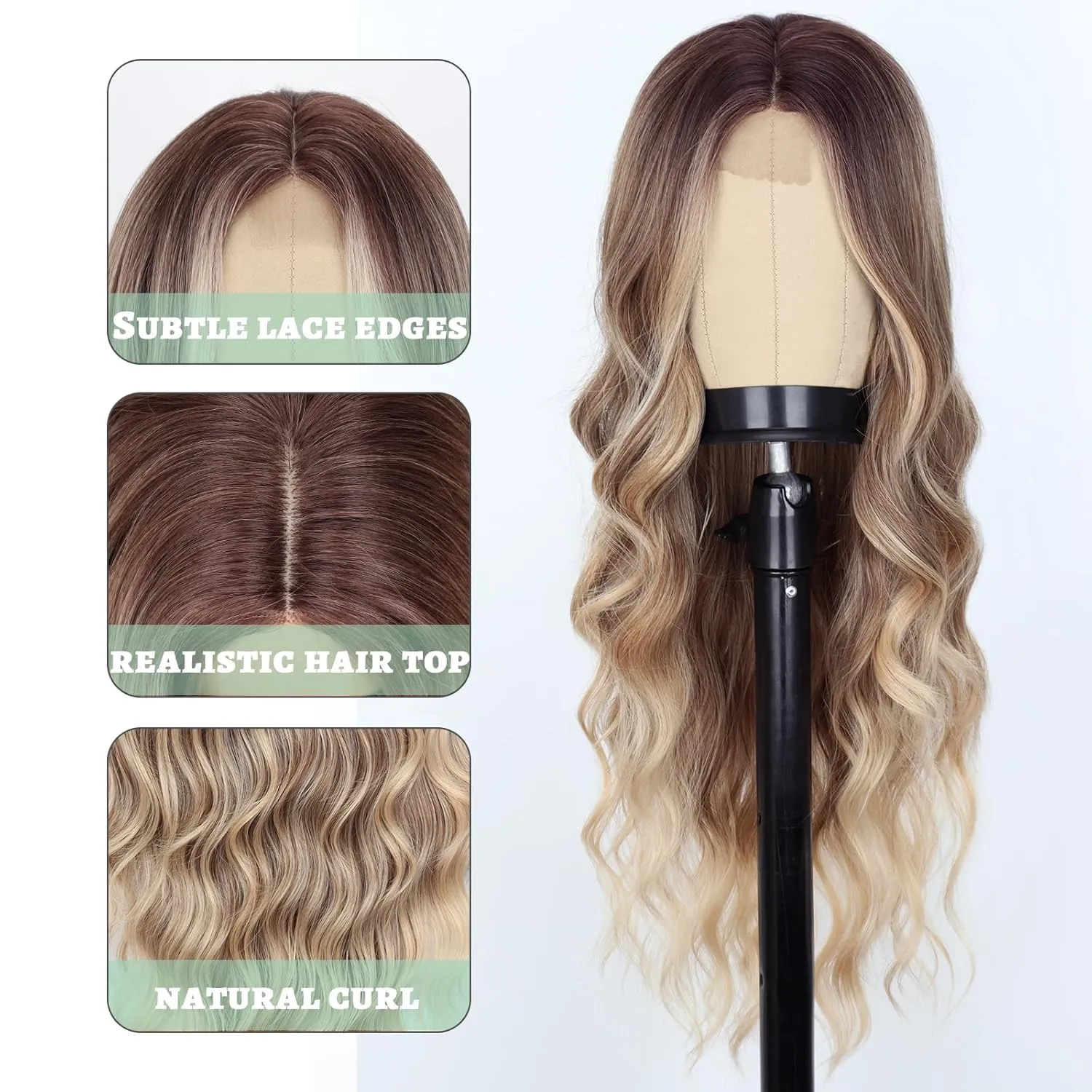 WERD Long Dirty Blonde Wig for Women Ombre Wavy Blonde Wigs Synthetic 26 Inch Middle Part Curly Blonde Wig for Cosplay Party Use