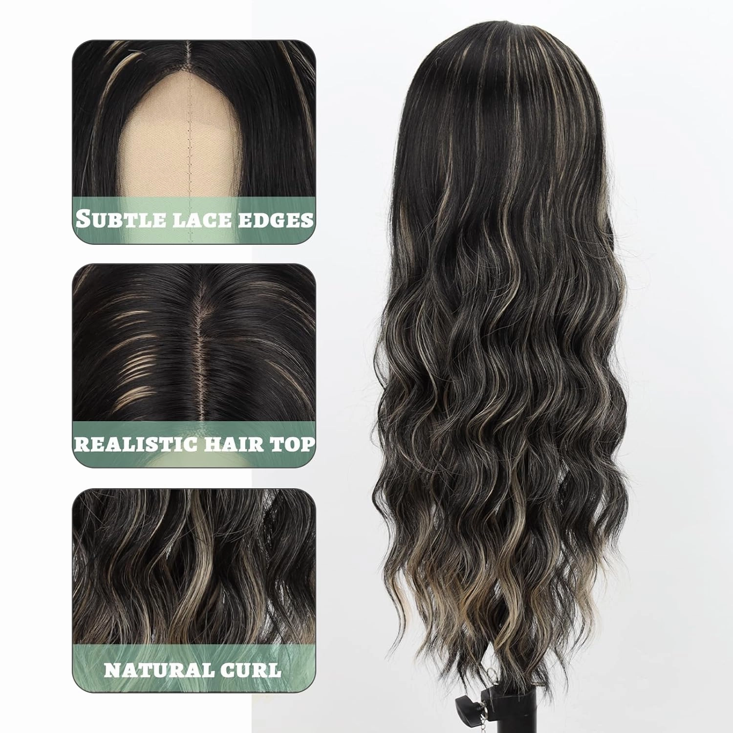 WERD Long Black Mixed Wig for Women 26Inch Middle Part Curly Wavy Black Wig Natural Looking Synthetic Highlight Hair for Cosplay Party Use(Black Mixed Blonde)