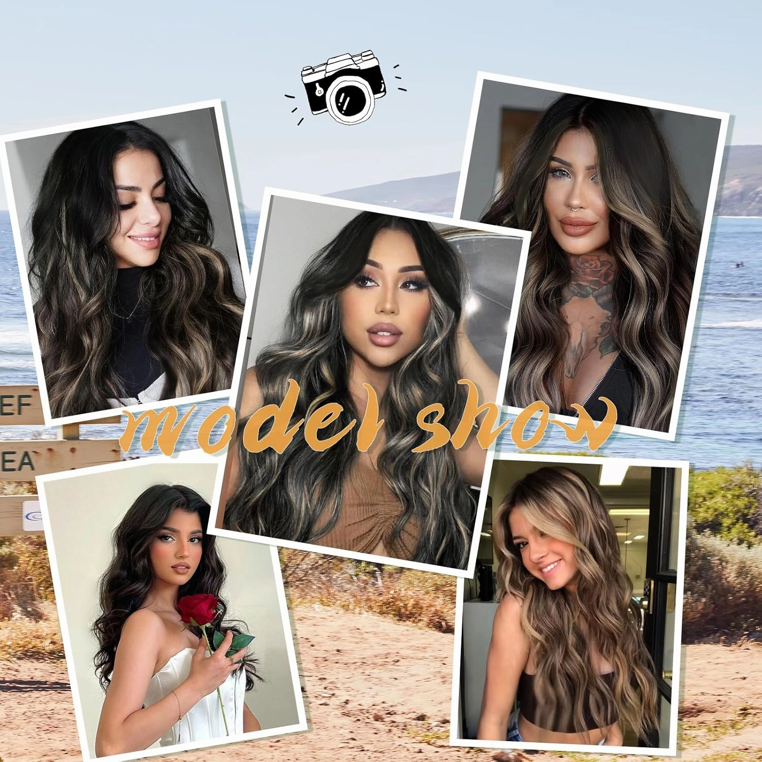 WERD Long Black Mixed Wig for Women 26Inch Middle Part Curly Wavy Black Wig Natural Looking Synthetic Highlight Hair for Cosplay Party Use(Black Mixed Blonde)