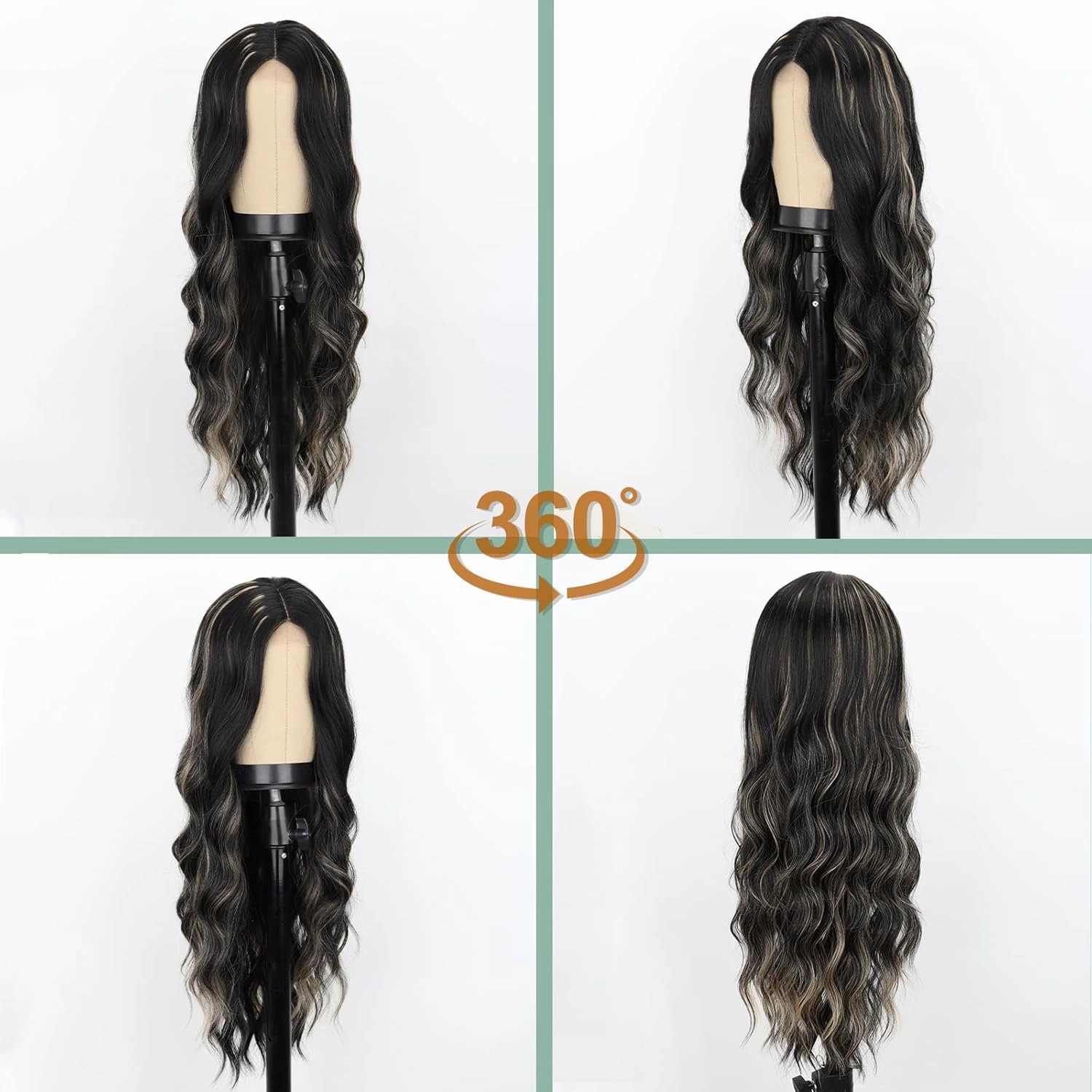 WERD Long Black Mixed Wig for Women 26Inch Middle Part Curly Wavy Black Wig Natural Looking Synthetic Highlight Hair for Cosplay Party Use(Black Mixed Blonde)