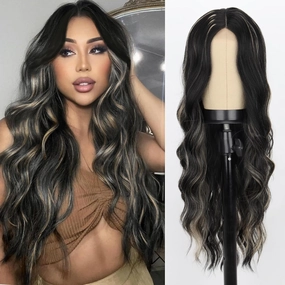 WERD Long Black Mixed Wig for Women 26Inch Middle Part Curly Wavy Black Wig Natural Looking Synthetic Highlight Hair for Cosplay Party Use(Black Mixed Blonde)