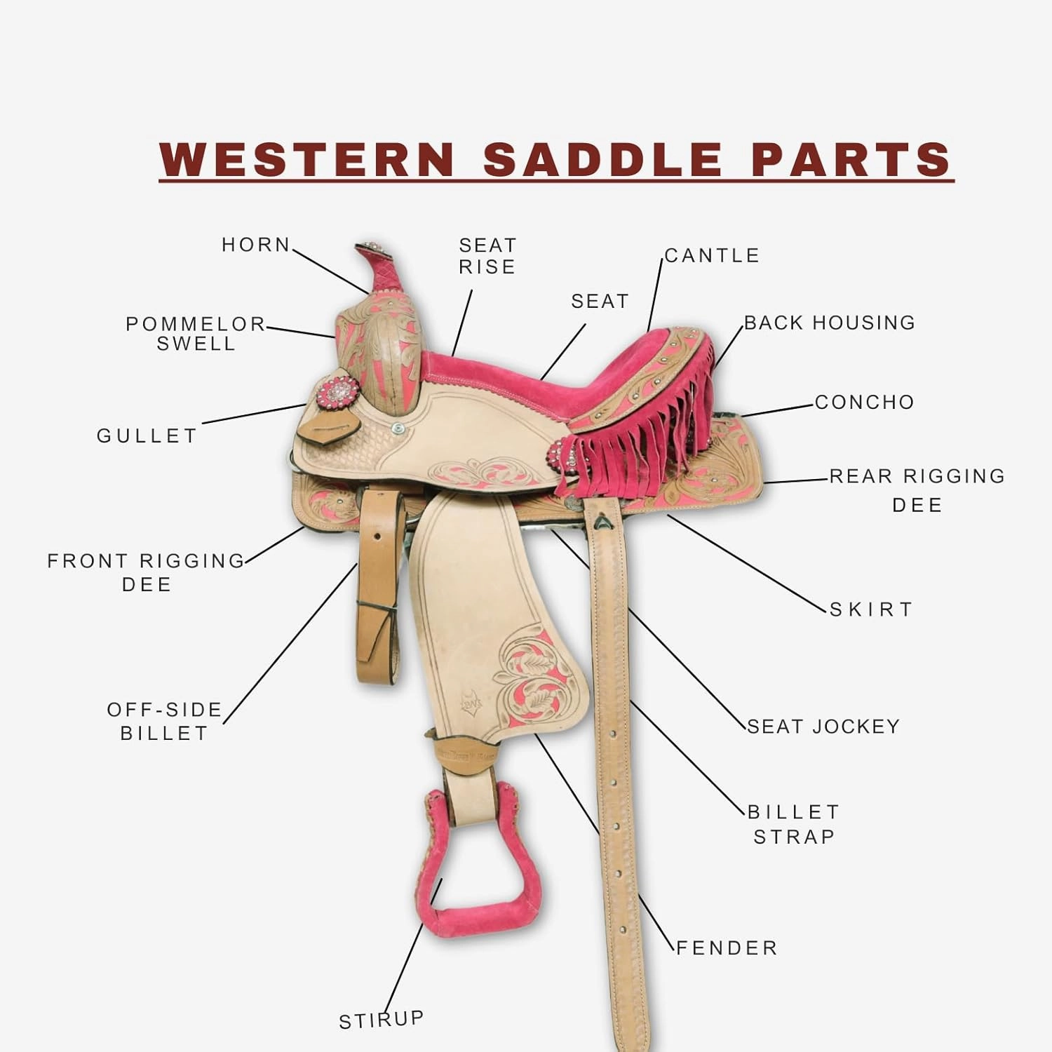 Western Horse Saddle With Pink Accents, Leather Flex Tree Trail & Pleasure Saddle for Horses Beige Leather And Pink Fringe American Saddle Tack Horse Pony Size 8 to 17 Inches Seat
