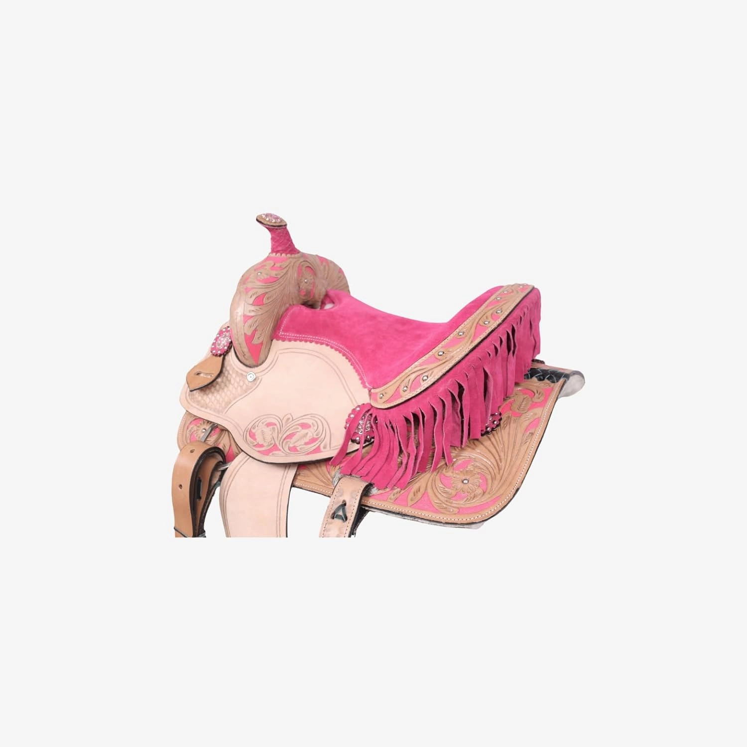 Western Horse Saddle With Pink Accents, Leather Flex Tree Trail & Pleasure Saddle for Horses Beige Leather And Pink Fringe American Saddle Tack Horse Pony Size 8 to 17 Inches Seat