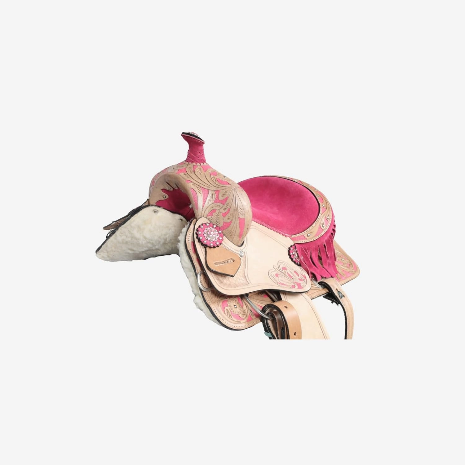 Western Horse Saddle With Pink Accents, Leather Flex Tree Trail & Pleasure Saddle for Horses Beige Leather And Pink Fringe American Saddle Tack Horse Pony Size 8 to 17 Inches Seat