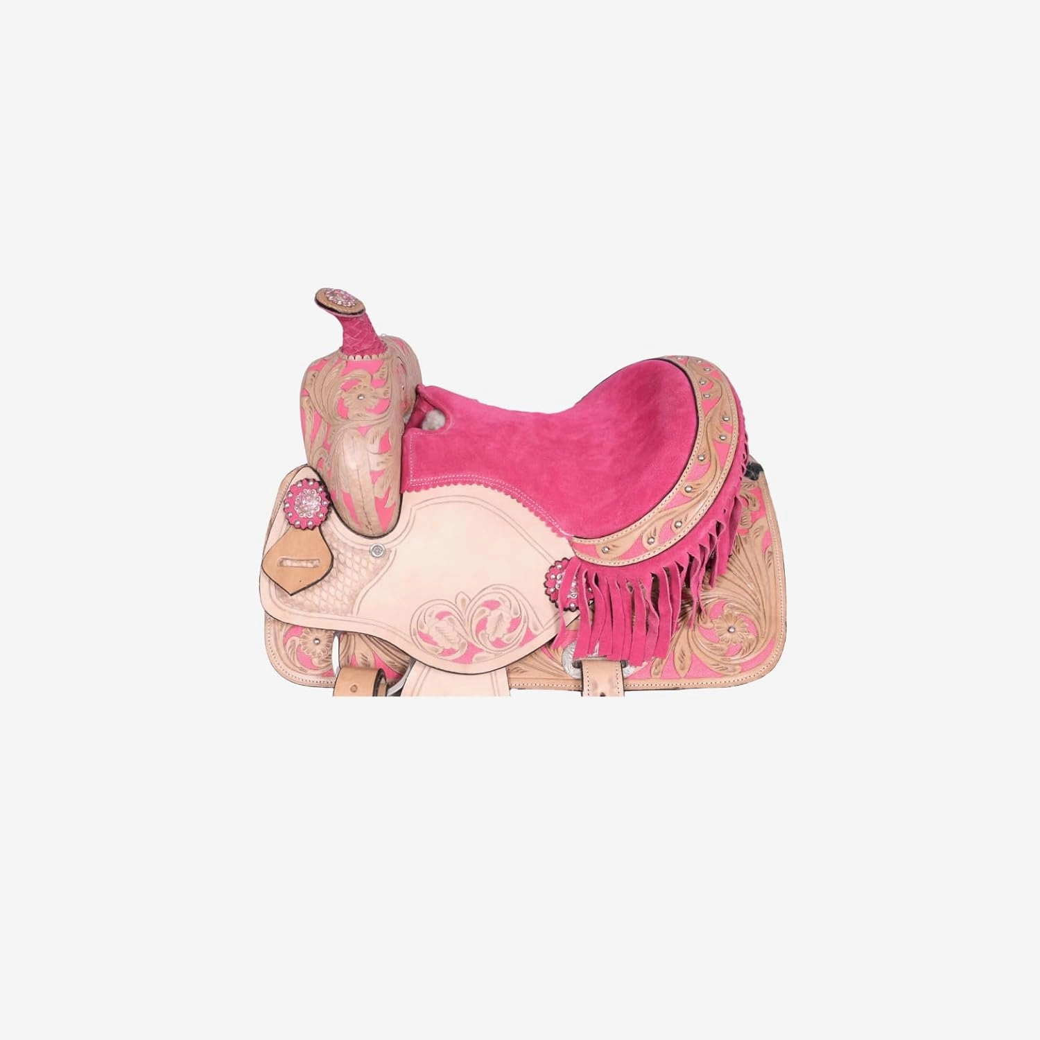 Western Horse Saddle With Pink Accents, Leather Flex Tree Trail & Pleasure Saddle for Horses Beige Leather And Pink Fringe American Saddle Tack Horse Pony Size 8 to 17 Inches Seat