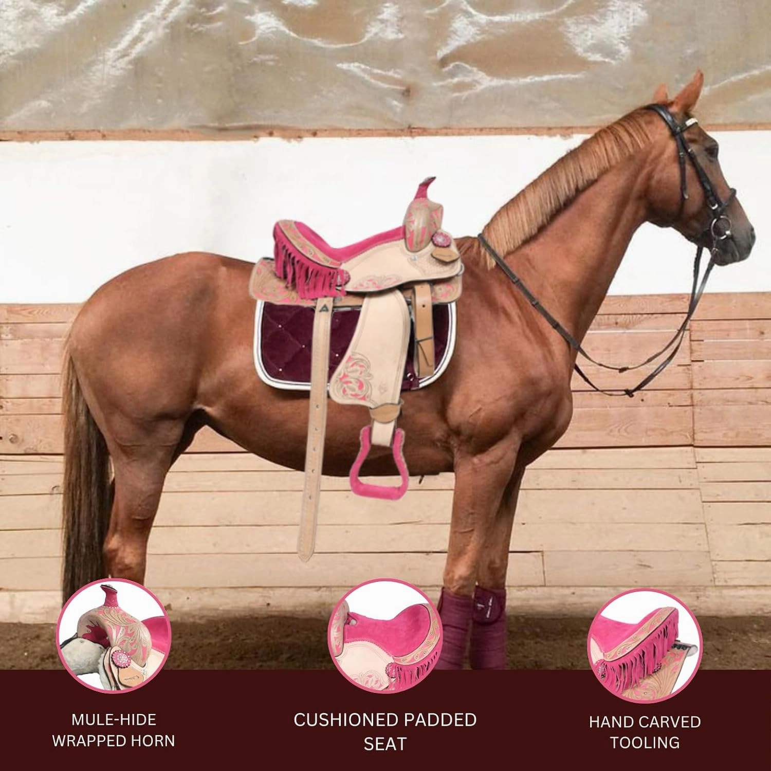 Western Horse Saddle With Pink Accents, Leather Flex Tree Trail & Pleasure Saddle for Horses Beige Leather And Pink Fringe American Saddle Tack Horse Pony Size 8 to 17 Inches Seat