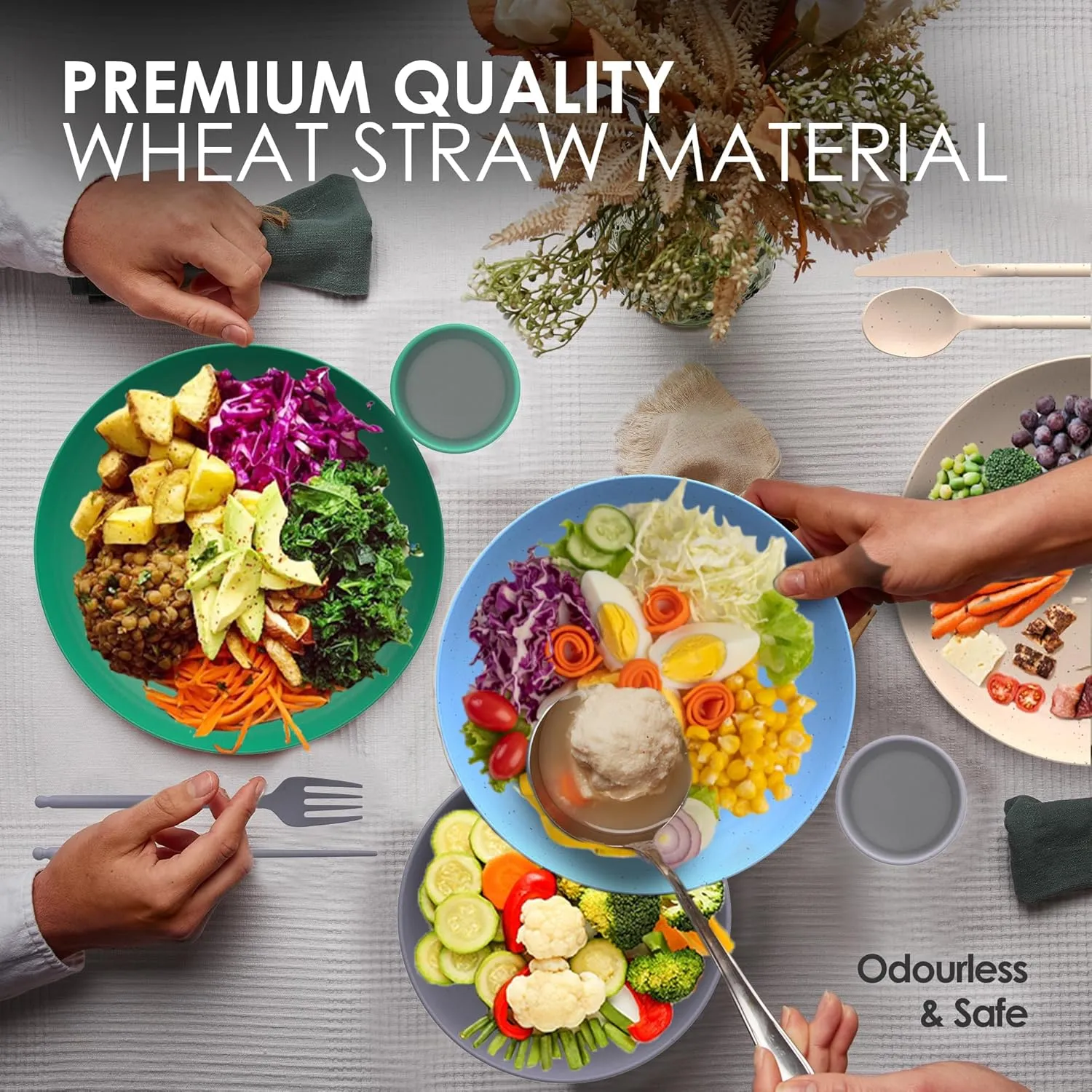 Wheatstraw Dinnerware Set for 4 - Camping Dishes & Utensils - Microwavable Plates - Alternate To Plastic Plates And Bowls - Camping Kitchen Set - Rv Dinnerware - Wheat Straw Dorm Dishes