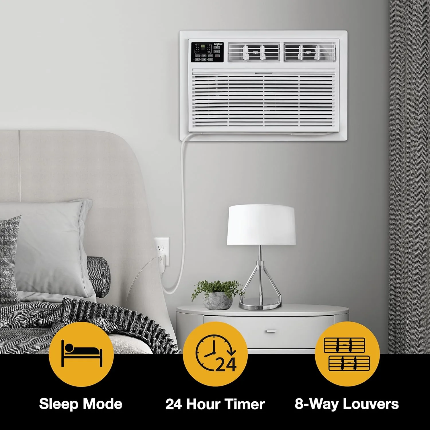 Whirlpool 12,000 BTU Through the Wall Air Conditioner, 115V, Cools up to 550 Sq. Ft for Living Room, Bedroom, Kitchen, Apartment, with Dehumidifier, Remote Control, Digital Display, 24H Timer, White