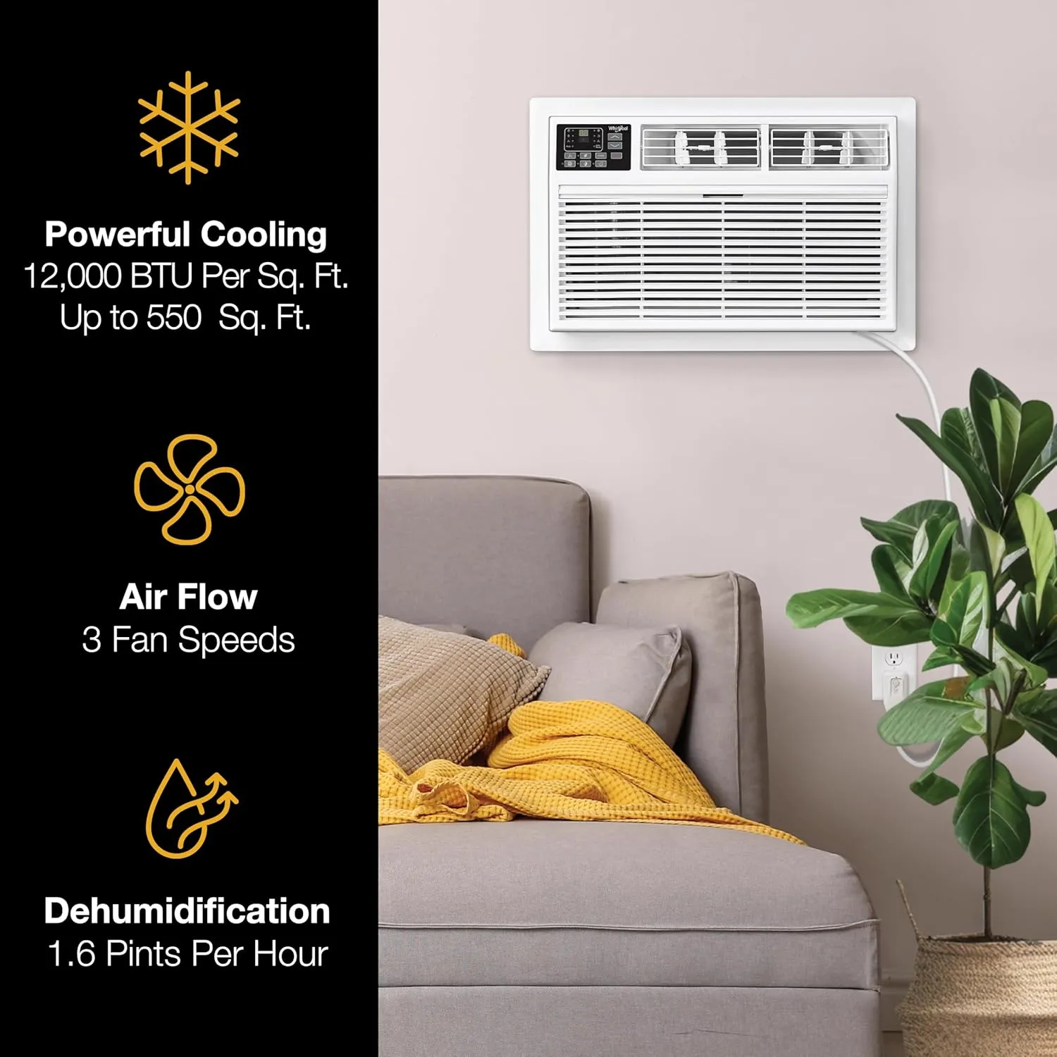 Whirlpool 12,000 BTU Through the Wall Air Conditioner, 115V, Cools up to 550 Sq. Ft for Living Room, Bedroom, Kitchen, Apartment, with Dehumidifier, Remote Control, Digital Display, 24H Timer, White