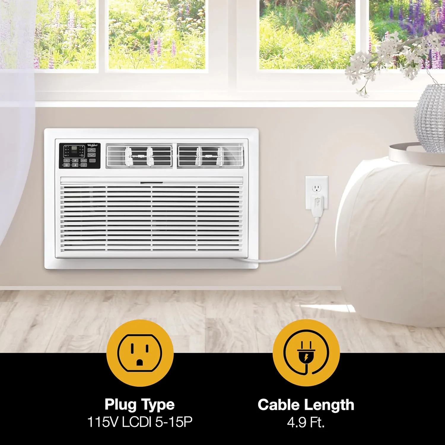 Whirlpool 12,000 BTU Through the Wall Air Conditioner, 115V, Cools up to 550 Sq. Ft for Living Room, Bedroom, Kitchen, Apartment, with Dehumidifier, Remote Control, Digital Display, 24H Timer, White
