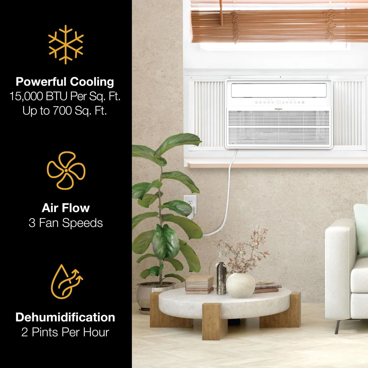 Whirlpool 15,000 BTU Window Mounted Inverter Air Conditioner with Quiet, High Efficiency Operation and Remote, Window AC Unit for Apartment, Living Room, Bedroom, Large Rooms up to 700 Square Feet