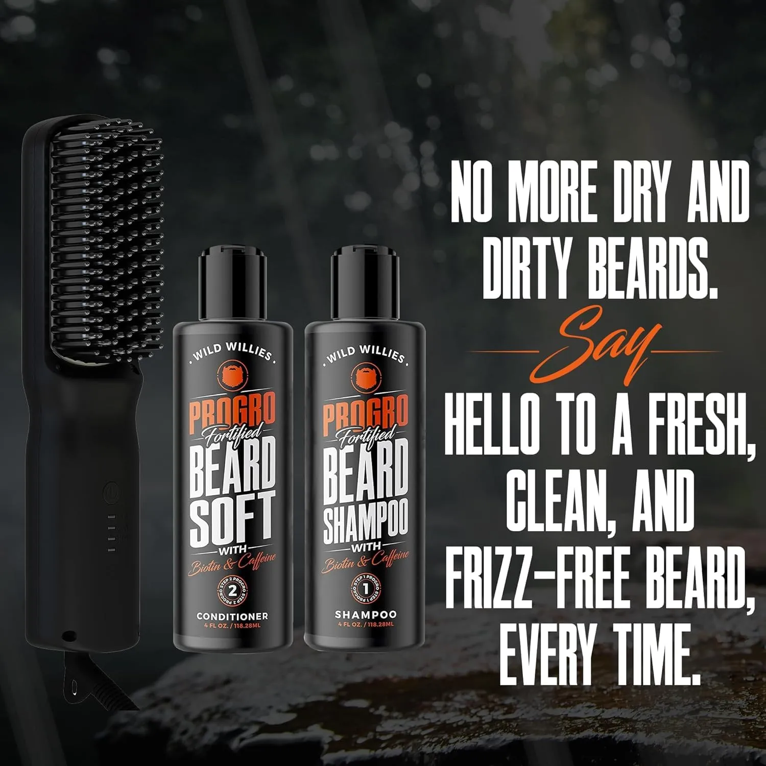 Wild Willies Beard Grooming Kit - Beard Straightener for Men, PROGRO - Fortified with Biotin & Caffeine for Hair Growth, Wash, Hydration - Ionic 2-in-1 Heated Comb Brush, Made in USA