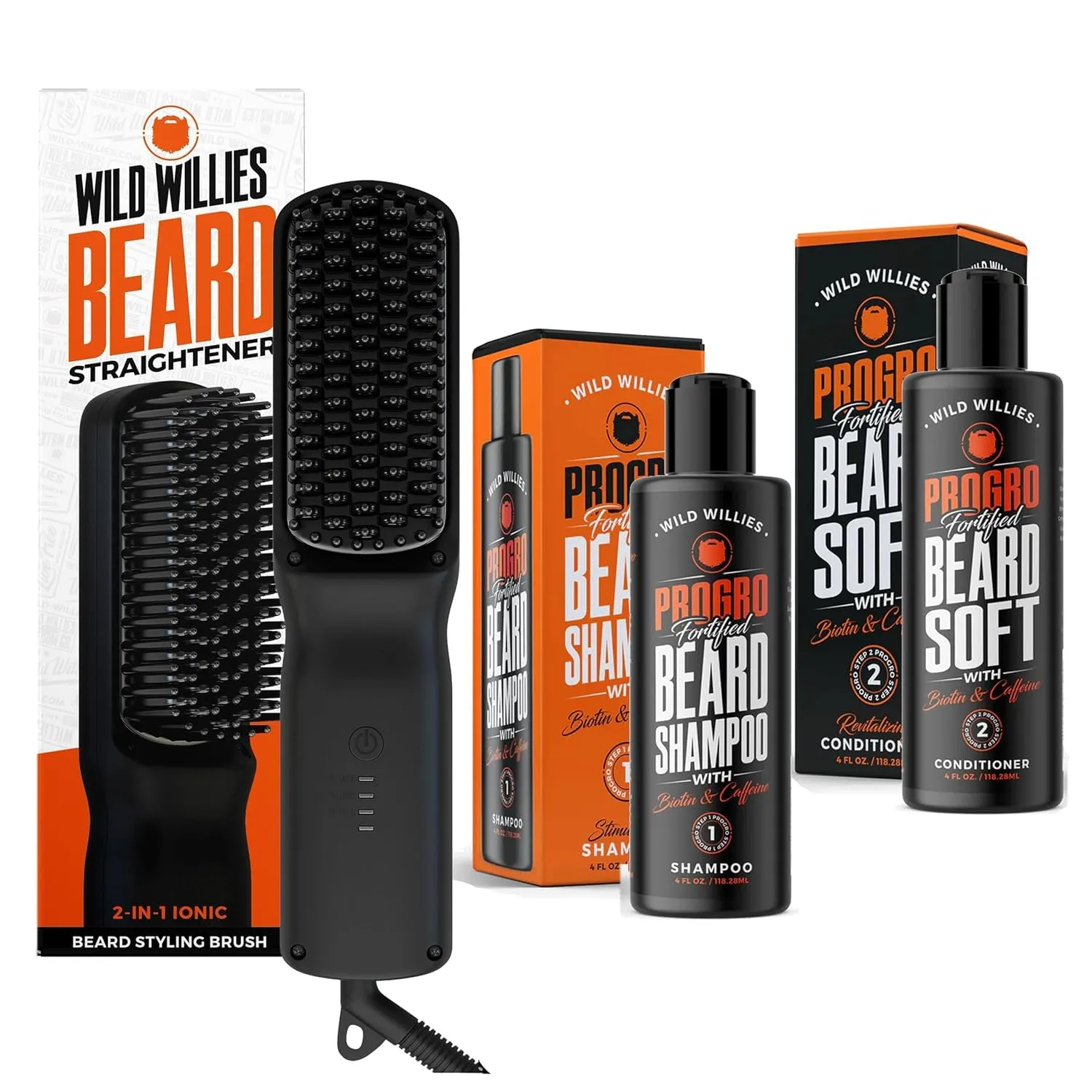 Wild Willies Beard Grooming Kit - Beard Straightener for Men, PROGRO - Fortified with Biotin & Caffeine for Hair Growth, Wash, Hydration - Ionic 2-in-1 Heated Comb Brush, Made in USA