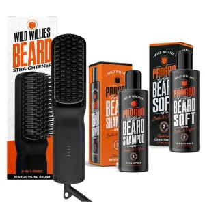 Wild Willies Beard Grooming Kit - Beard Straightener for Men, PROGRO - Fortified with Biotin & Caffeine for Hair Growth, Wash, Hydration - Ionic 2-in-1 Heated Comb Brush, Made in USA