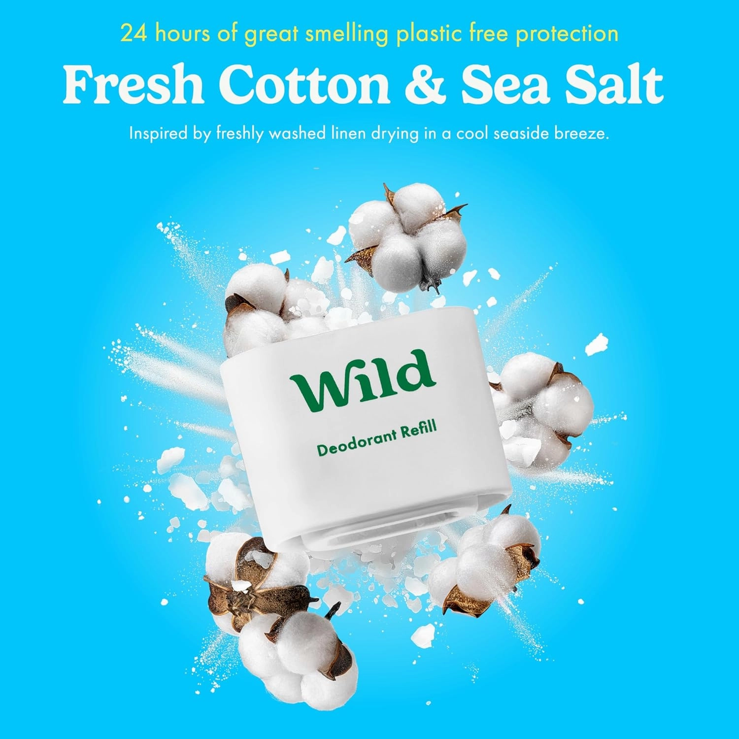 Wild - Refillable Deodorant Starter Kit with Pink Case and Fresh Cotton & Sea Salt Scented Refill 1.4oz - Aluminum Free - Long Lasting Protection - Vegan