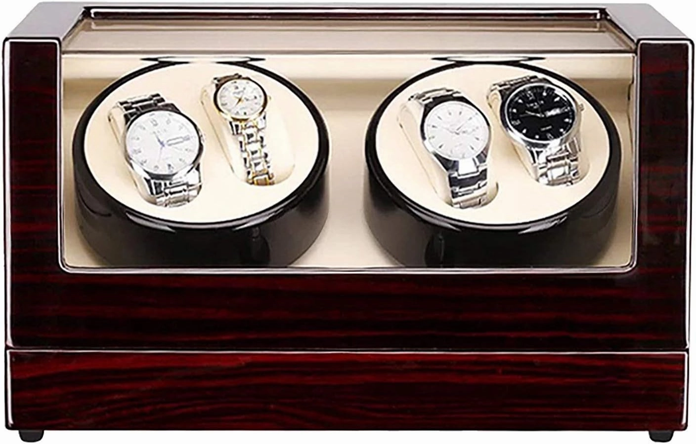 Winding Box Watch Winders - 4 0 Wooden Automatic Watch Winder Storage Box Transparent Cover Wrist Mechanical Watch Winding Box Double Head Motor Shaker Case Organizer，Black Beige