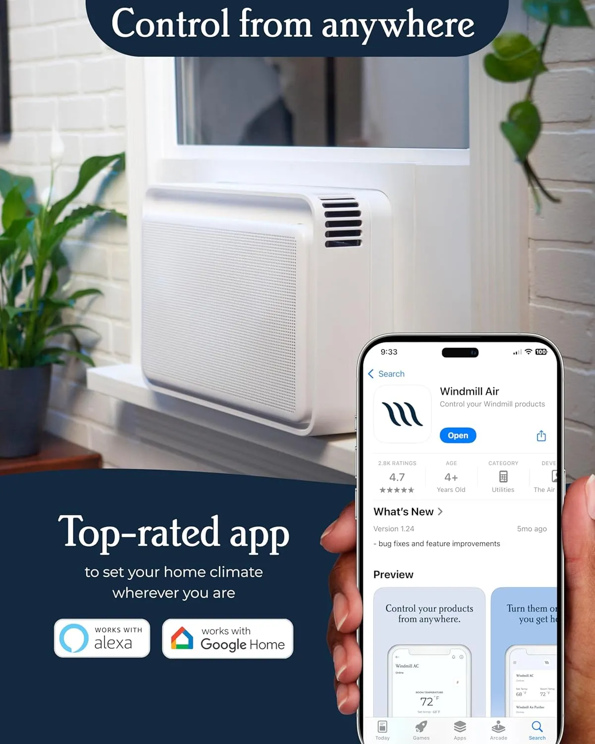 Windmill 8,000 BTU Inverter Window Air Conditioner with WhisperTech - Ultra-Quiet & Smart, Cools up to 350 Sq. Ft. - Easy Install, App/Wi-Fi, Voice-Enabled, Remote Control, High Energy Efficiency